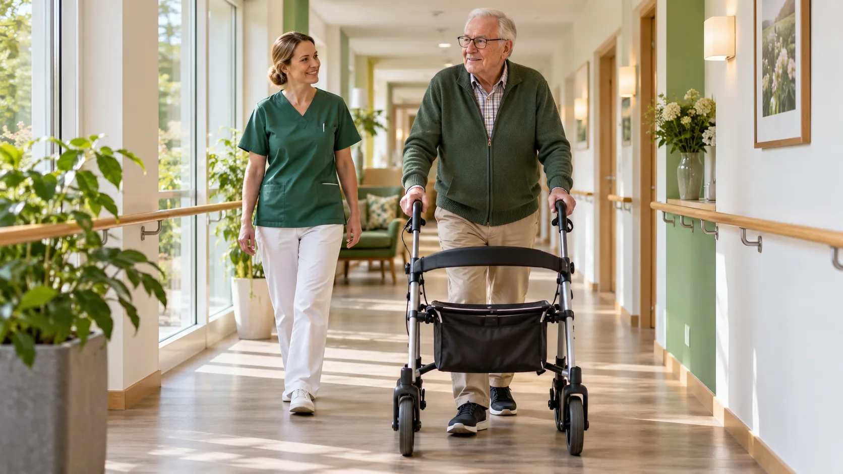 Älterer Bewohner übt mit Rollator und Begleitung einer Pflegefachkraft das sichere Gehen